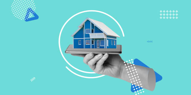 istock Construction control, management, sale of real estate through mobile applications concept. Cottage house and pictograms above the smartphone screen in the woman's hand. Minimalistic art collage 1472468207