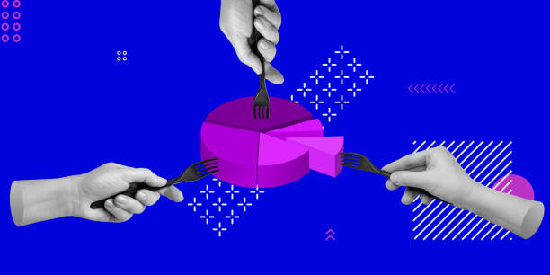 istock Limited resources, resource sharing, profit distribution concept. Three hands with forks and one pie chart. Minimalist collage 1472468235