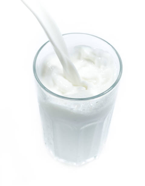 Glass of milk on white ground.
