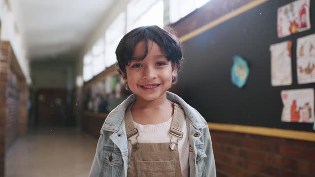 Boy, portrait or face in school corridor with Indian goals, future development ideas or kids growth target. Smile, happy or child in hallway and students mindset, morning lens flare or learning ready
