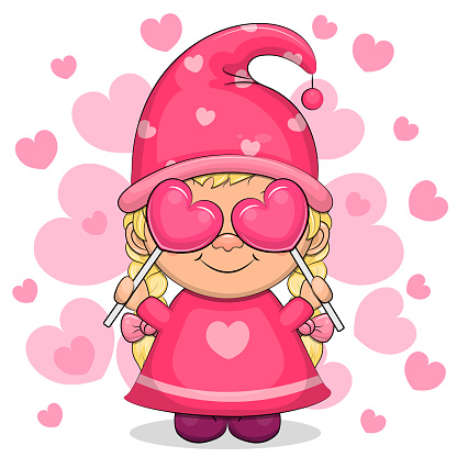 Vector illustration of a girl on a white background with pink hearts.