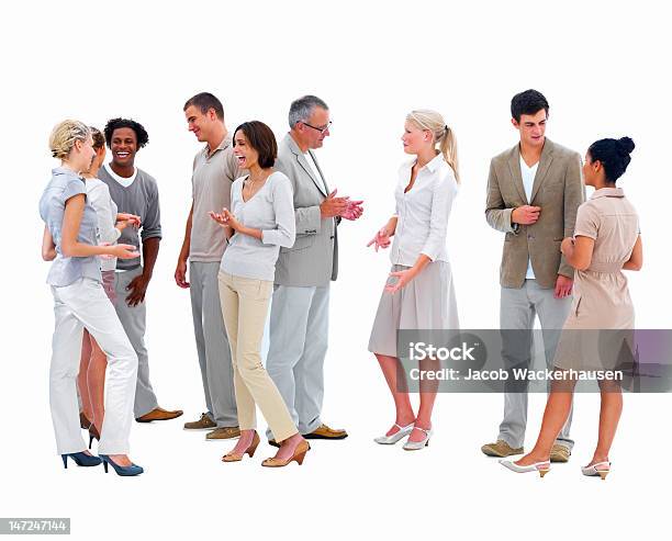 Happy Business People Conversing With Each Other Stock Photo - Download Image Now - White Background, Discussion, Talking