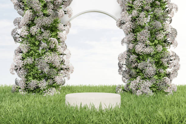 istock Abstact 3d render spring scene and Natural podium background, Stone podium on the grass field, backdrop flower pillar and white arch door, sky and cloud for product display advertising, cosmetic, etc 1472471653