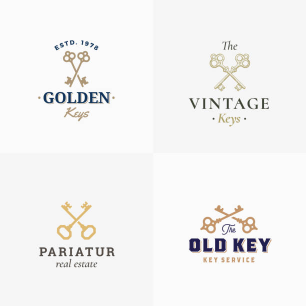 ilustrações de stock, clip art, desenhos animados e ícones de retro keys set. abstract vector signs, symbols templates. different crossed keys sillhouettes with classy typography. vintage vector emblems - house real estate key residential structure