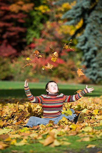 boy playing in fall leaves stock photo