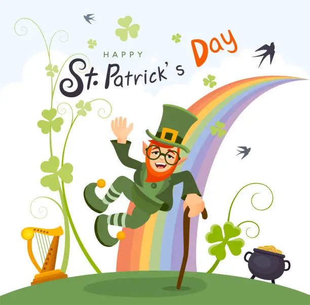 Vector illustration of Happy St. Patrick's Day. Leprechaun and a pot of gold.