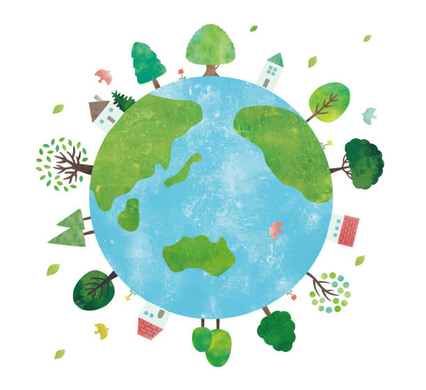 지구와 자연과 주택 지속 가능한 이미지 수채화 - sustainable resources illustrations stock illustrations