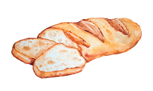 Colorful watercolor hand drawn French baguette bread isolated on a white. Detailed Image sliced bakery products.