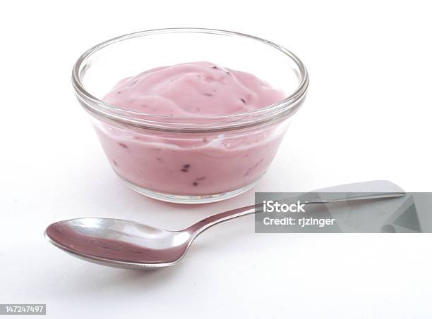 Glass Bowl With Fruit Yogurt And Spoon Stock Photo - Download Image Now - Blueberry, Bowl, Drinking Glass