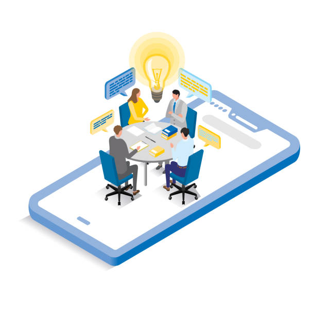 Isometric _ Men and women who have an online meeting and come up with ideas It is an illustration of a man and a woman having an online meeting in the office. business meeting stock illustrations