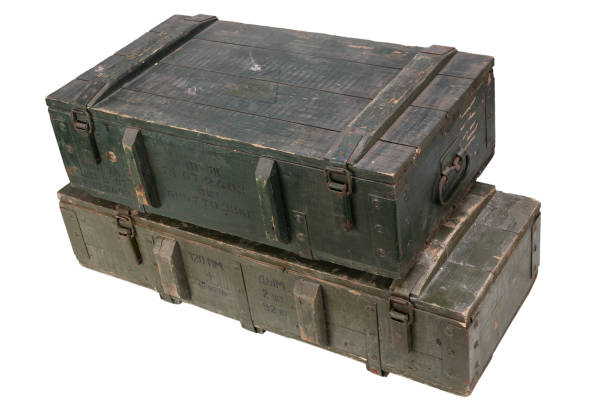 istock Army ammunition stack of green crates. Text in russian - type of ammunition, projectile caliber, projectile type, number of pieces and weight. 1472476472