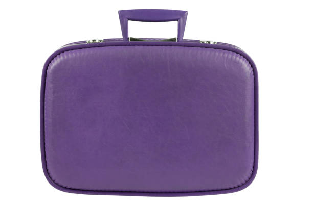 Modern suitcases baggage for travelling or business trip on wooden floor against white isolated background.