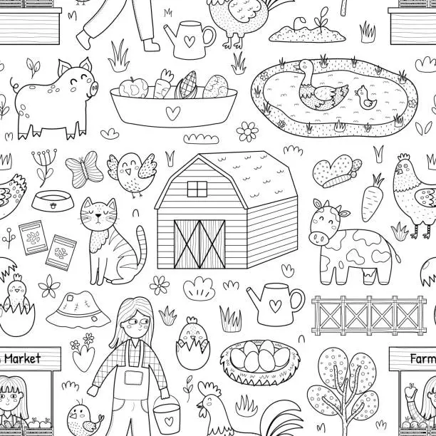 Vector illustration of Black and white farm seamless pattern with cute characters