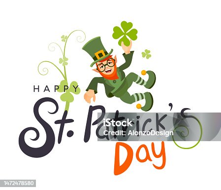 istock St. Patricks Day logotype. Vector lettering typography with leprechaun and clovers on white background. Logo Character Mascot. 1472478580