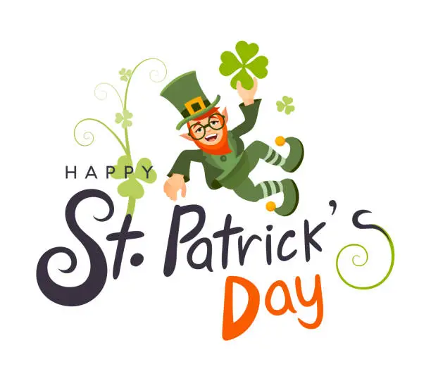 Vector illustration of St. Patricks Day logotype. Vector lettering typography with leprechaun and clovers on white background. Logo Character Mascot.