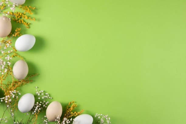 istock Flowers and Coloured Easter Eggs on Light Green Background 1472480543
