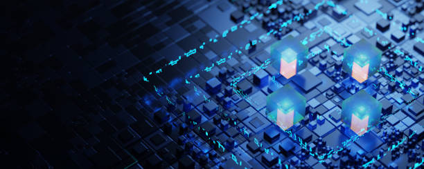 abstract, technological background. Wide abstract background. Glowing technological cubes. 3d render. stock photo