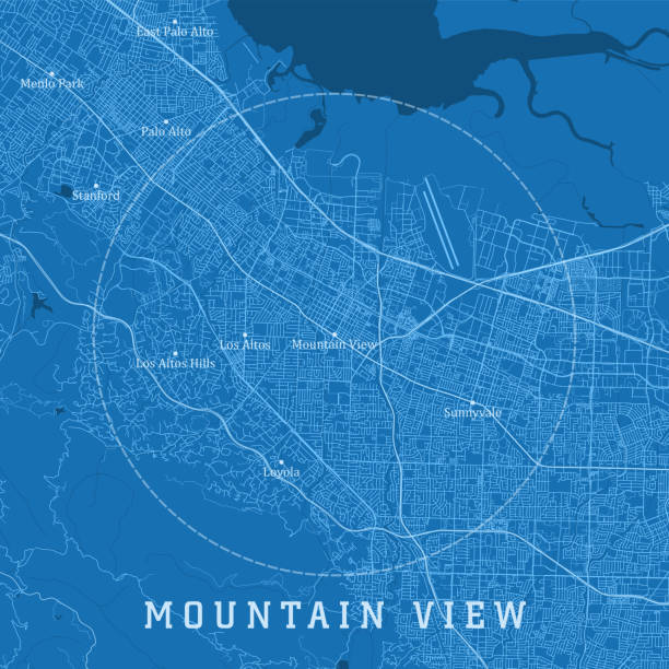 illustrazioni stock, clip art, cartoni animati e icone di tendenza di mountain view ca city vector road map testo blu - silicon valley