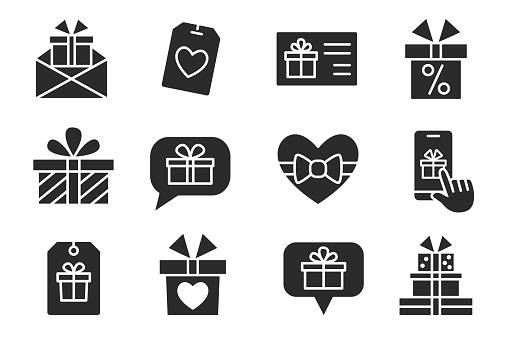 Gift box glyph icon set. Seasonal sale,  Online shopping. Web interface elements collection, Special offer, Discount, advertising. Black pictogram sign isolated. Mobile apps. E-commerce promotion