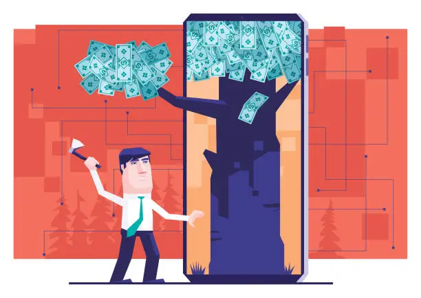 Vector illustration of businessman holding axe and chopping money tree on smartphone