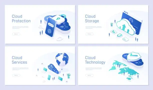 Vector illustration of Cloud technology landing page template set. Secure storage and access to data from any device. Synchronization and backup. Can be used for web banners. Isometric modern vector illustration collection.