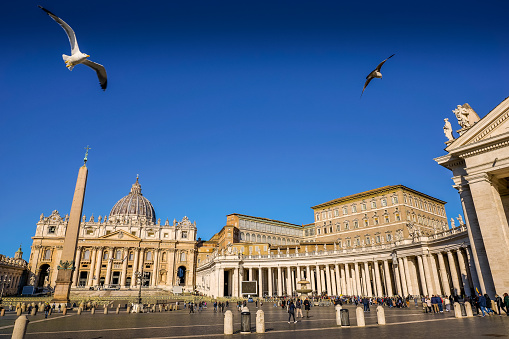 St Peter Basilica and Piazza San Pietro at sunset in Vatican City, Rome, Italy