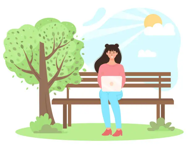 Vector illustration of Young woman sitting on the bench in the park and working with laptop. Freelance, working, studying, education, work from home, healthy lifestyle concept.