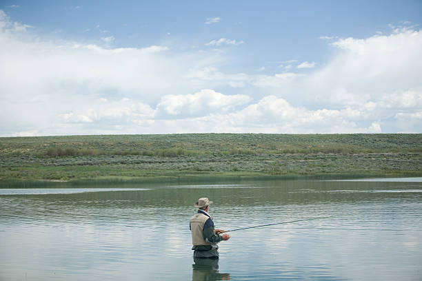 Man fly fishing in small lake stock photo