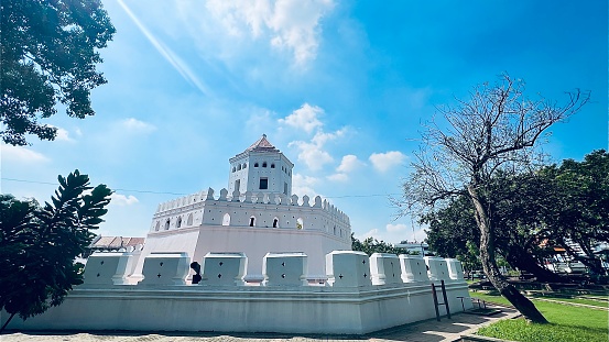 December 10 2022 : Bangkok, Thailand : Phra Sumen Fort, located in Santichai Prakan Park on the Chao Phraya River Bank.