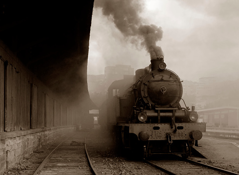 Steam train leaving bavarian village