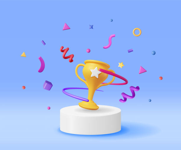 istock 3D Golden Champion Trophy with Confetti on Podium 1472500819