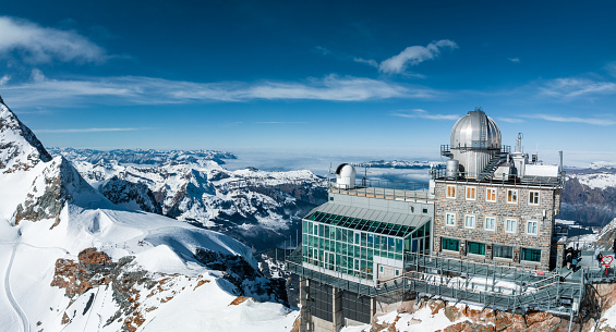 Aerial panorama view of the Sphinx Observatory on Jungfraujoch - Top of Europe, one of the highest observatories in the world located at the Jungfrau railway station, Bernese Oberland, Switzerland.