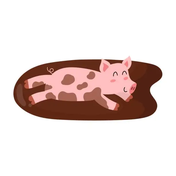 Vector illustration of Funny pig playing in dirt. Farm character print for kids and baby design