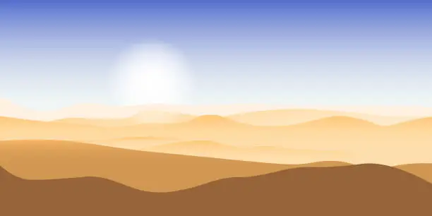 Vector illustration of Camel caravan passing through the desert. African landscape. You can use for islamic background, banner, poster, website, social and print media. Vector illustration.