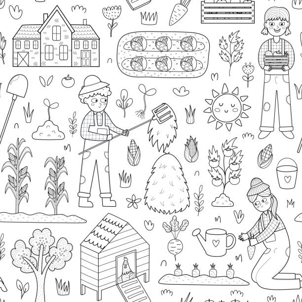 Black and white farm seamless pattern with cute characters. Kids harvesting and making gardening work Black and white farm seamless pattern with cute characters. Kids harvesting and making gardening work. Countryside background for coloring page. Vector illustration bed of hay stock illustrations