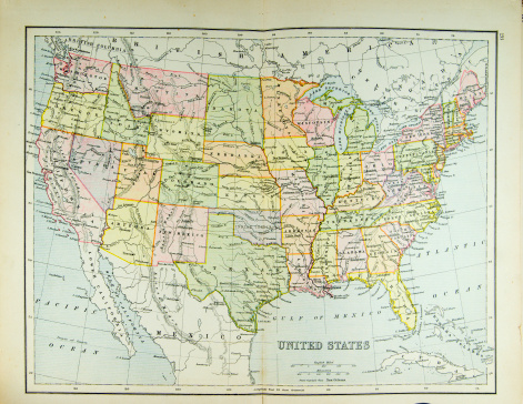 Historical map of United States. Photo from atlas published in 1879 in Great Britain.