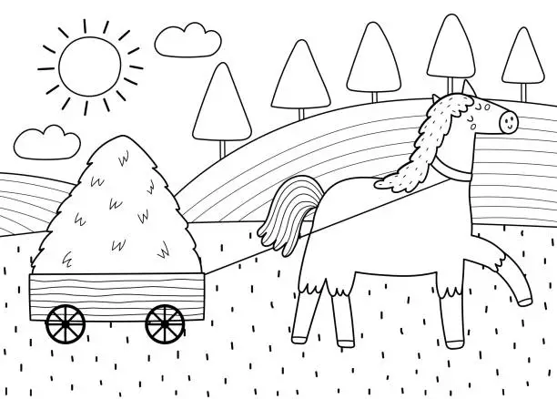 Vector illustration of Cute horse pulling a cart with a hay stack on a green meadow print in black and white