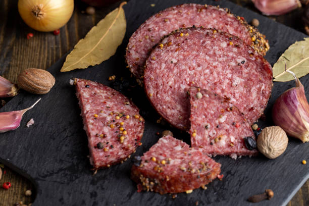 istock Sliced salami using beef meat with spices 1472504671