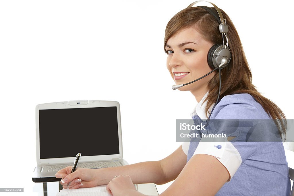 Frau mit laptop und headset - Lizenzfrei Am Telefon Stock-Foto