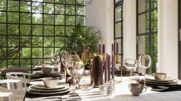 istock Luxury dining table decoration with candles. Farmhouse interior design. 3D rendering. 1472506516