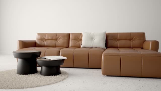 Brown sofa in a white interior. 3d animation of a sofa presentation in a studio interior. Living room interior