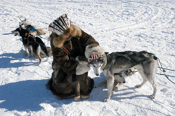 An eskimo caresses a sleigh dog stock photo