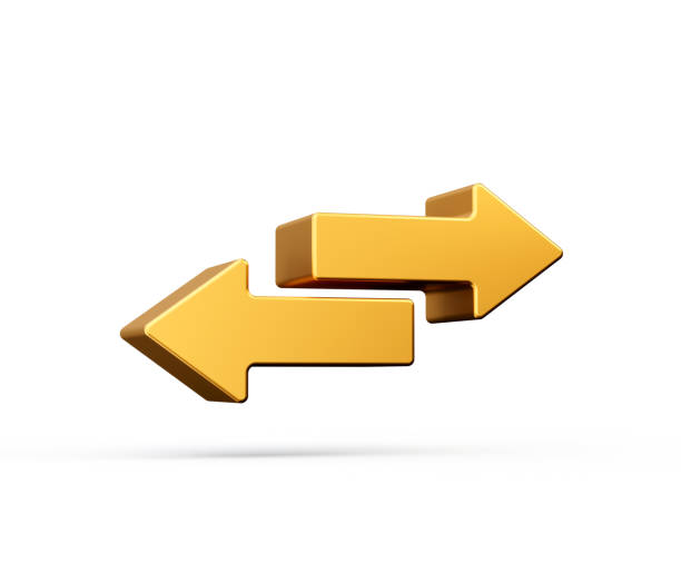 istock Two Gold squared opposite horizontal arrows isolated on white. Exchange icon. Flip flop 3d illustration 1472511158