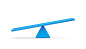 3d Blue Balance Weight seesaw, Leaning Left Side To The Ground On White Background, 3d illustration