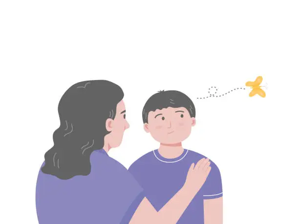 Vector illustration of Mom talking with ADHD boy, he having a short attention span and being easily distracted. Flat vector illustration.
