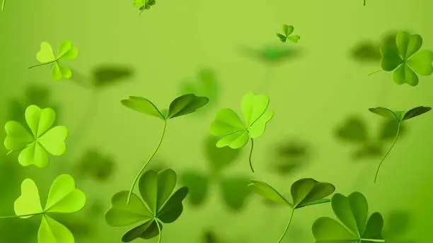Photo of Shamrocks clover leaves St. Patrick's Day celebrating background on blurred light green background. 3d rendering