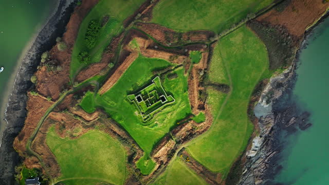 Aerial view of old ruin structure, Kinsale, Ruins of James Fort Ireland,James Fort, Co. Cork, Ireland, View of green hill,Aerial view of James fort Kinsale Ireland, Charles Fort Kinsale,Stone building left in Ruin
