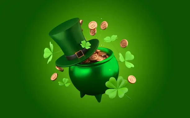 Photo of Celebrating St. Patrick's Day. Pot of gold with Leprechauns hat and gold coins on dark green background. 3d rendering