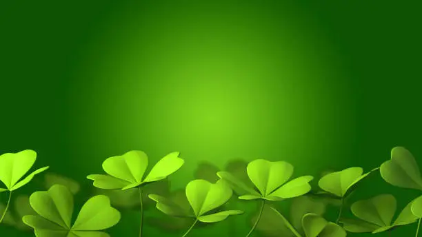 Photo of Frame of Shamrocks clover leaves St. Patrick's Day celebrating background on blurred light green background. 3d rendering