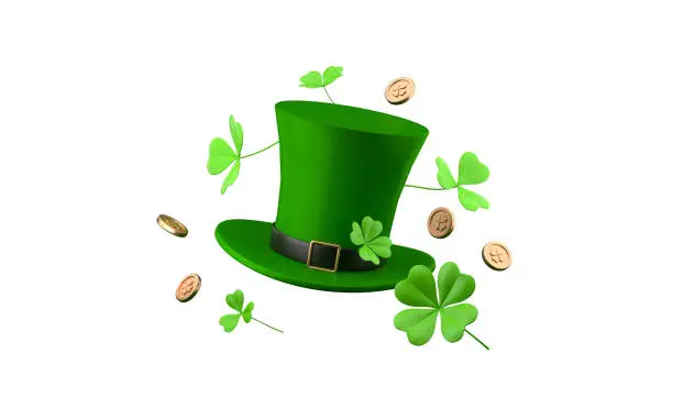 Photo of St. Patrick's Day Leprechauns hat with clover and gold coins isolated on white background. 3d rendering